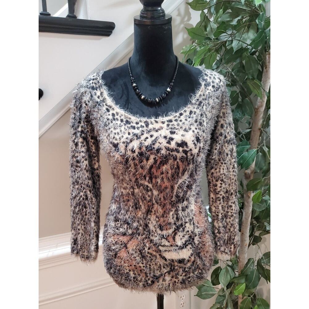 Arden B Women's Multi Abstract Lion Fuzzy Round Neck Long Sleeve‎ Sweater Large